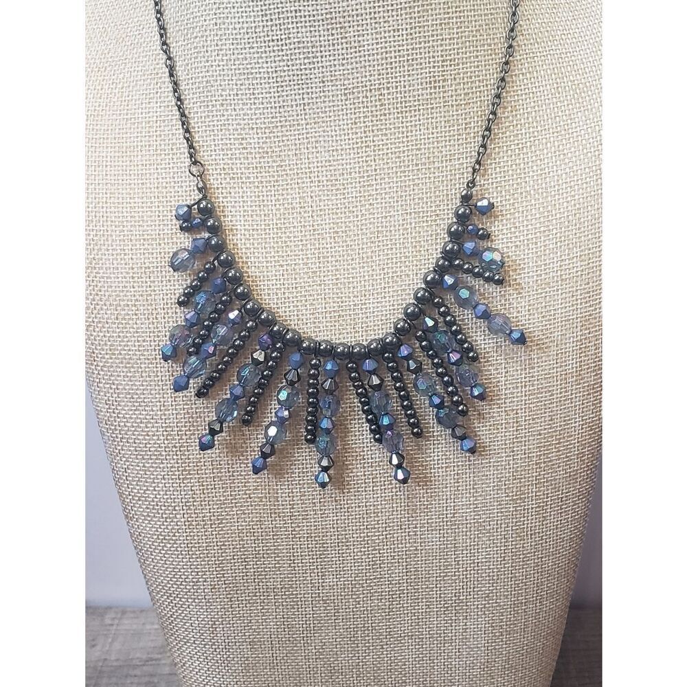 GUNMETAL NECKLACE Faceted Blue Beads Sunburst Design